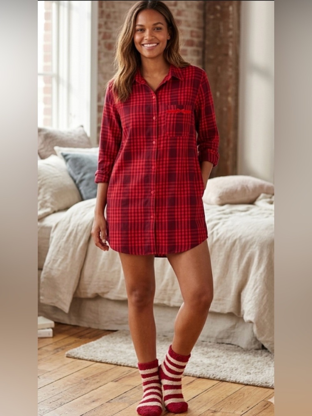 PINK Victoria's Secret Red Plaid Button-Down Sleep Shirt - XS
